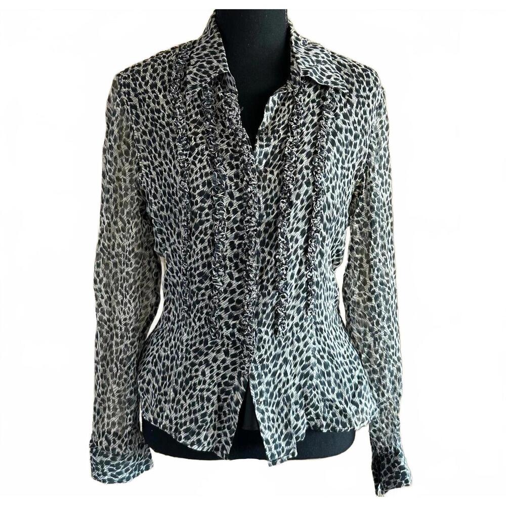 Vtg Vision Apparel Blouse Sz PM Black Leopard Print Ruffles